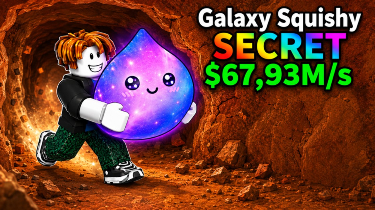Roblox-Avatar trägt einen Secret Galaxy Squishy durch eine Blockhöhle in Drill Blocks for Dumpling Squishy
